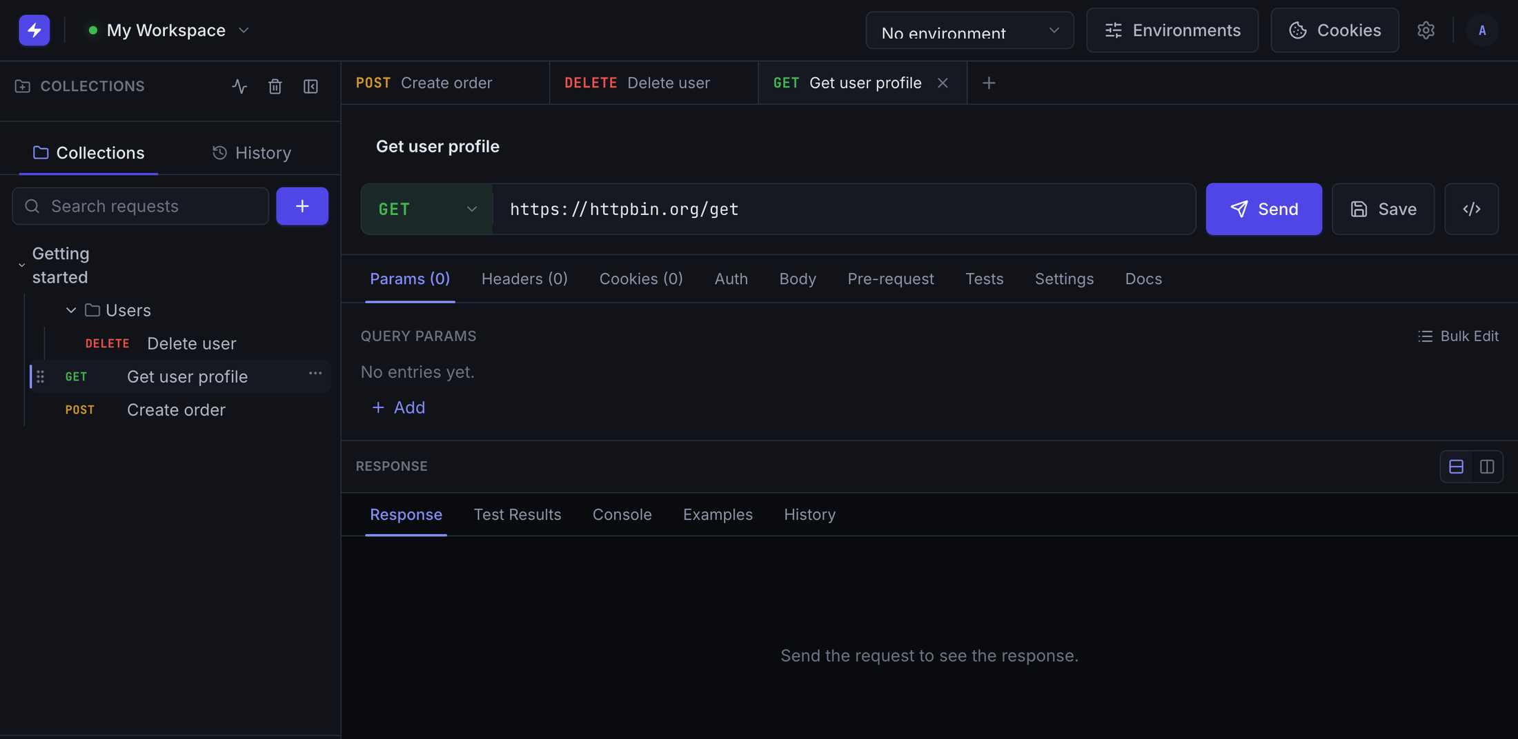 A collection sidebar in HTTP Titan showing a folder of requests with GET, POST, and DELETE methods