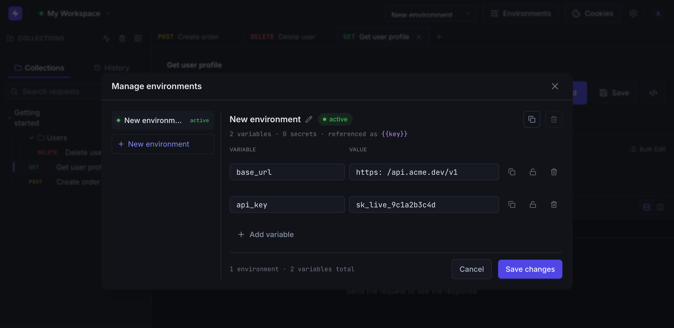 The environments panel in HTTP Titan showing base_url and api_key variables for an environment