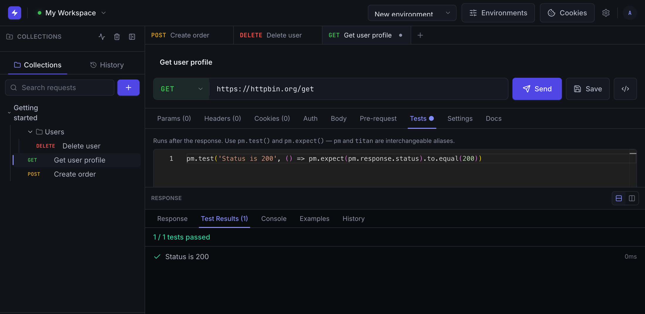 The test results panel in HTTP Titan showing a passing pm.test assertion for response status 200